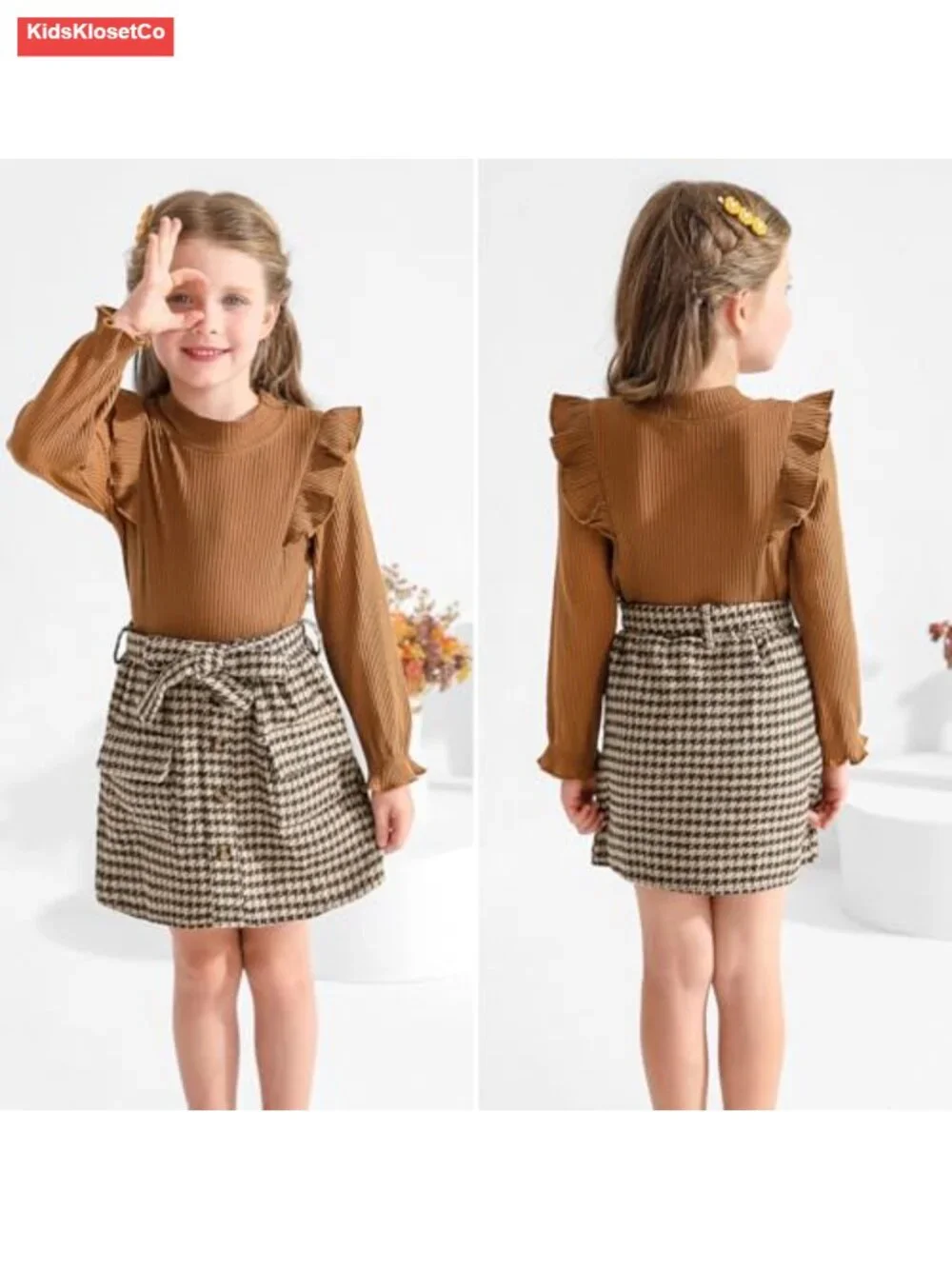 Toddler Girl Fall Winter Long Sleeve Top Plaid Skirt Set 1-5T